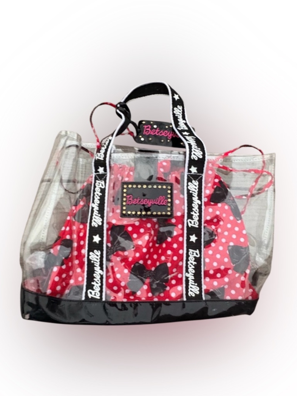 Betseyville Y2K Red Black Bow Print Vinyl Tote Bag